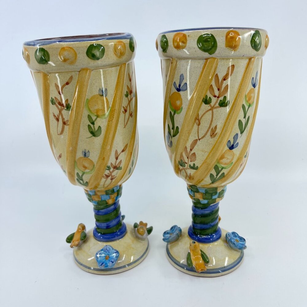 vintage hand-painted ceramic goblets with floral & bird motif set of 2